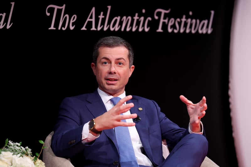 Pete Buttigieg speaks on stage during the "The Future of Mobility" Panel for The Atlantic Festival 2024 on September 19, 2024, in Washington, DC.