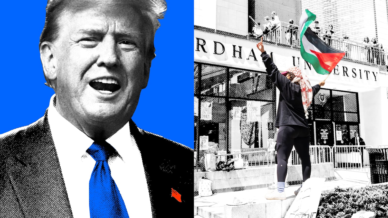 A photo illustration of a diptych of Donald Trump smiling and student protestors