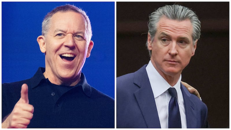 Gret Gutfeld, left, said he is “hot,” but California Gov. Gavin Newsom, right, is a “six at best.”