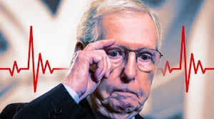A photo illo illustration of Mitch McConnell at a news conference at the US Capitol in January 2024.