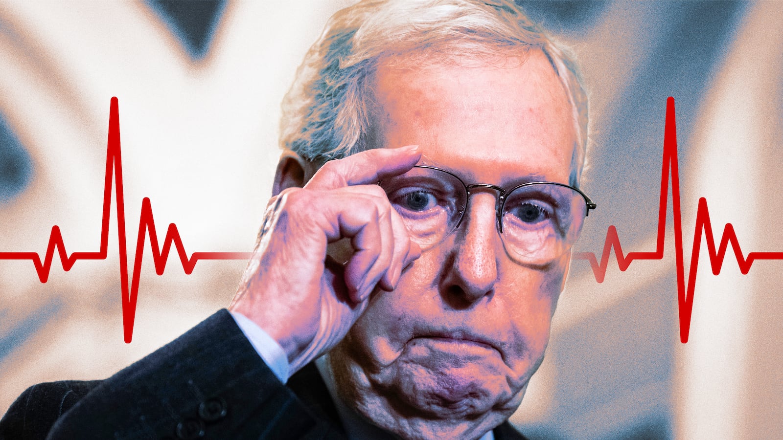 A photo illo illustration of Mitch McConnell at a news conference at the US Capitol in January 2024.