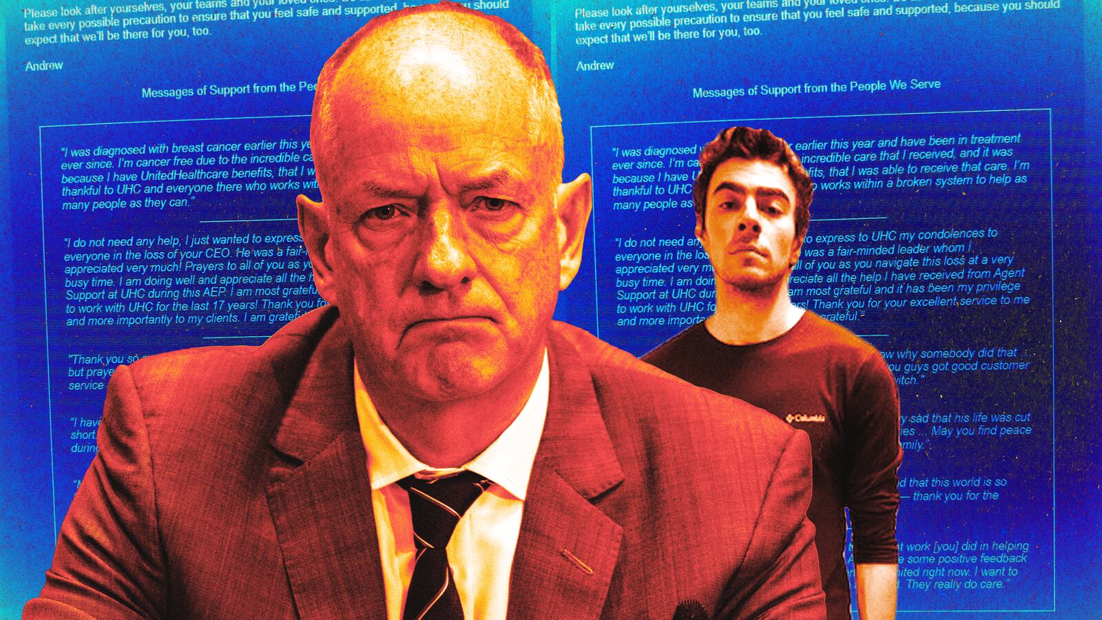 A photo illustration of UnitedHealth CEO Andrew Witty and Luigi Mangione.