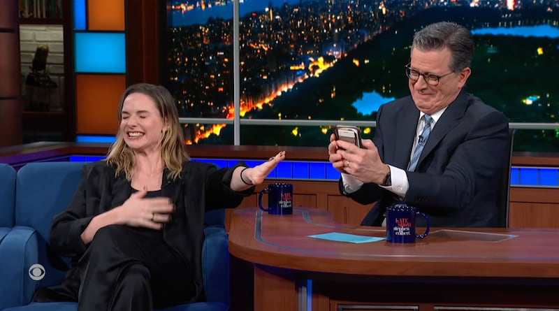 Rebecca Ferguson and Stephen Colbert