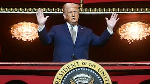 President Donald Trump stands in the presidential box as he tours the John F. Kennedy Center for the Performing Arts in Washington, DC, on March 17, 2025.