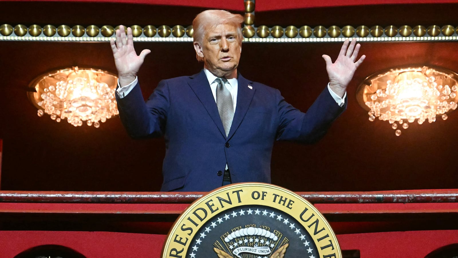 President Donald Trump stands in the presidential box as he tours the John F. Kennedy Center for the Performing Arts in Washington, DC, on March 17, 2025.
