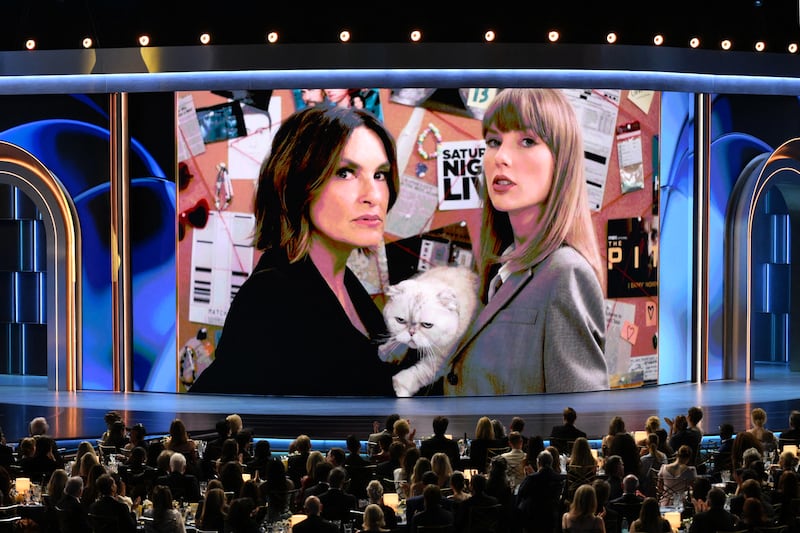 Mariska Hargitay and Taylor Swift and her cat Olivia Benson appear on screen during the 78th Primetime Emmy Awards at the Peacock Theatre at LA Live in Los Angeles on September 14, 2026.