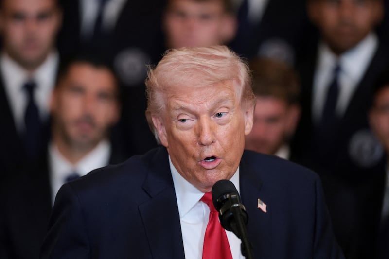 U.S. President Donald Trump speaks on the day he honors reigning Major League Soccer (MLS) champion Inter Miami CF players and team officials with an event in the East Room of the White House in Washington, D.C., U.S., March 5, 2026. REUTERS/Jonathan Ernst