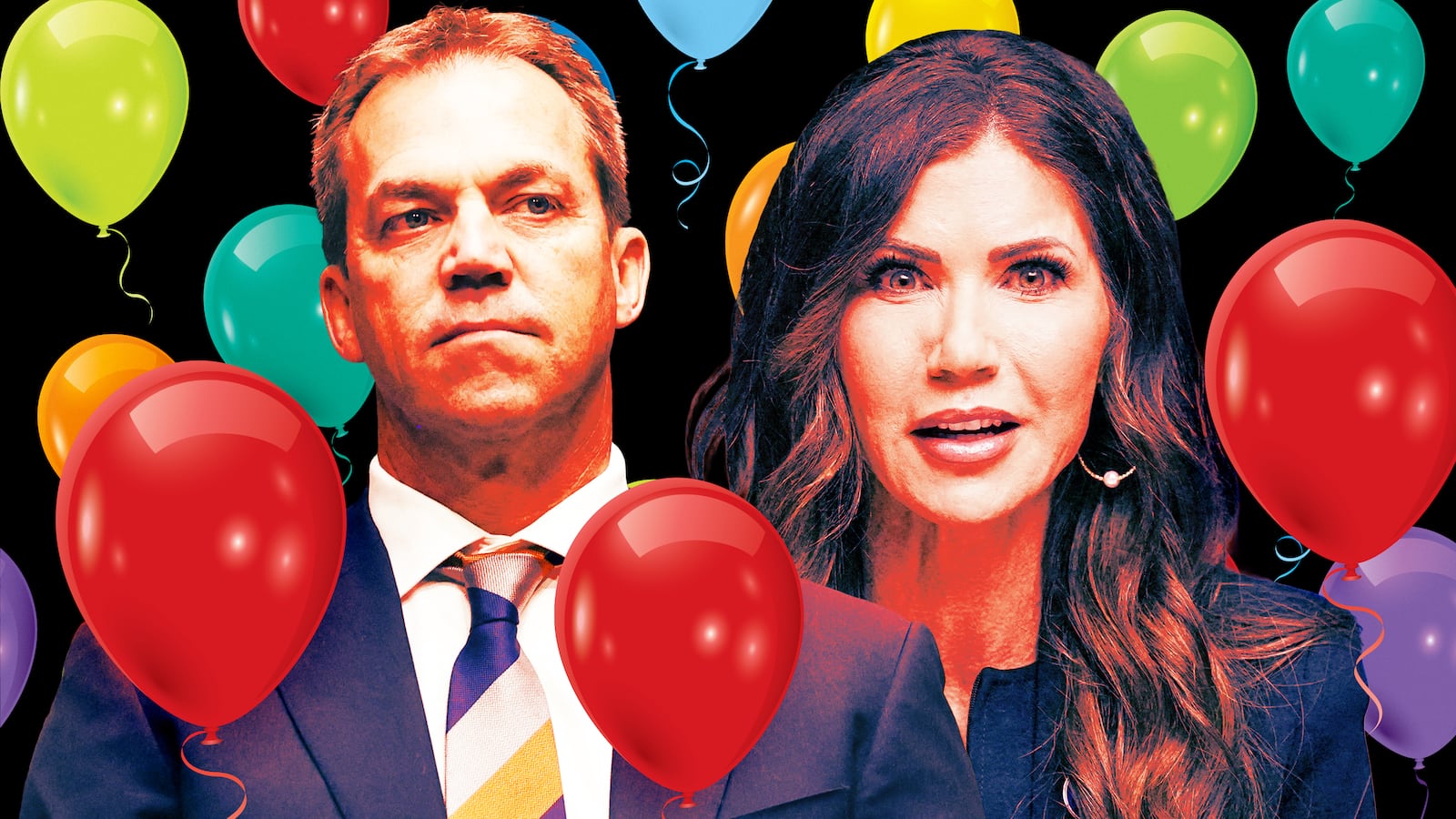 A photo illustration of Bryon and Kristi Noem surrounded by balloons.