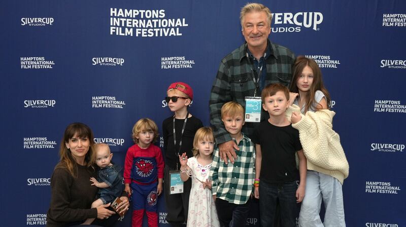 EAST HAMPTON, NEW YORK - OCTOBER 7: Actor Alec Baldwin and his wife Hilaria Baldwin and their children (L-R) Ilaria Baldwin, Eduardo Baldwin, Leonardo Baldwin, Maria Lucia Baldwin, Romeo Baldwin, Rafael Baldwin and Carmen Baldwin attend the Chairman's Reception at the 2023 Hamptons International Film Festival on October 07, 2023 in East Hampton, New York.
