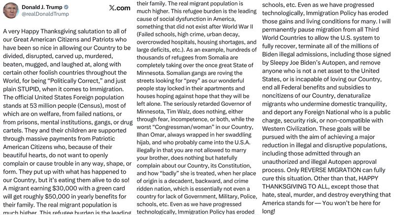 Donald Trump Thanksgiving tweet in 2025.