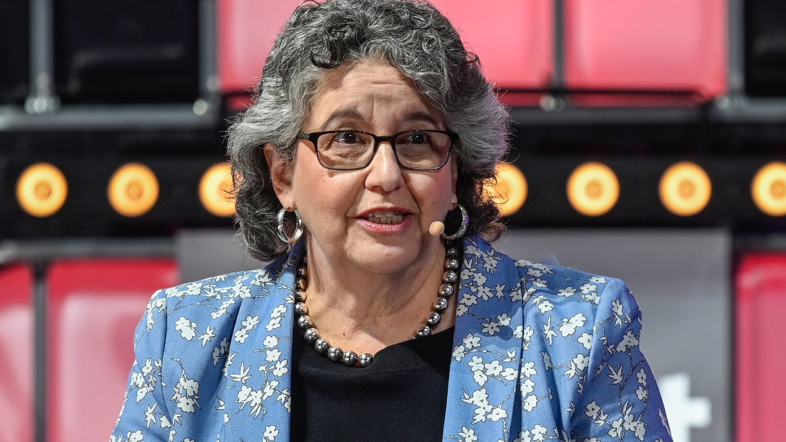 Commissioner at US Federal Election Commission Ellen Weintraub delivers remarks while participating with the CEO at Obama Foundation and the President of the American Civil Liberties Union (ACLU) Deborah Archer in a discussion panel about "Is American democracy dead?" at the Altice Arena on the final day of 2021 Web Summit on November 04, 2021 in Lisbon, Portugal.