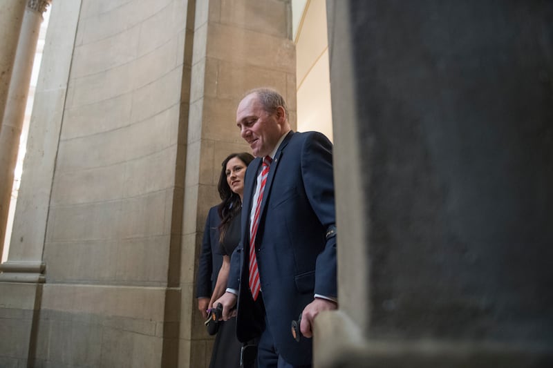 House Majority Whip Steve Scalise, R-La., and his wife Jennifer, make their way to the Speaker's office on September 28, 2017, his first day back to the Hill after being injured in the shooting at the Republican baseball practice in June.