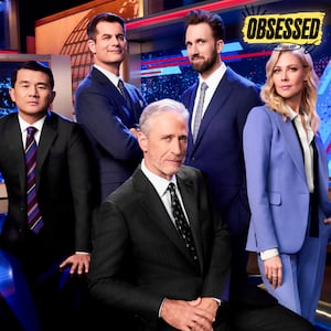 Ronny Chieng, Michael Kosta, Jon Stewart, Jordan Klepper and Desi Lydic on The Daily Show.