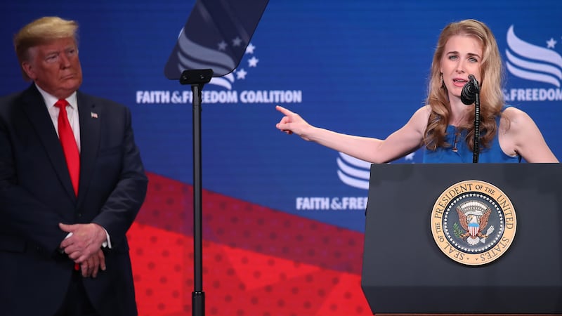 WASHINGTON, DC - JUNE 26: Cancer activist Natalie Harp speaks after being called on stage by U.S. President Donald Trump during the Faith & Freedom Coalition 2019 Road To Majority Policy Conference at the Marriott Wardman Park Hotel, on June 26, 2019 in Washington, DC. (Photo by Mark Wilson/Getty Images)