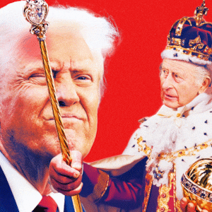 An animated gif illo illustration of King Charles smacking Donald Trump with his royal scepter.