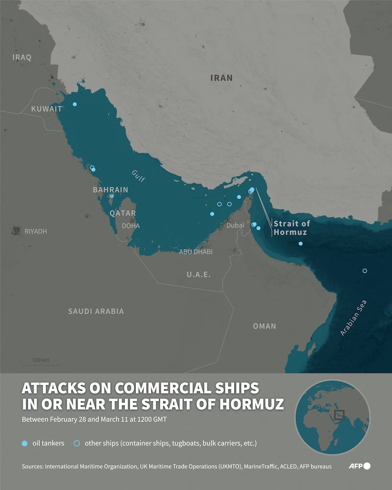 Infographic with a map of the Gulf and the Strait of Hormuz showing attacks on commercial vessels between February 28 and March 11 at 1200 GMT (Graphic by AFP via Getty Images)