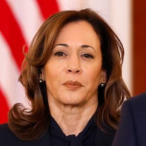 WASHINGTON, DC - JANUARY 15: U.S. Vice President Kamala Harris looks on as U.S. President Joe Biden delivers remarks on the recently announced cease-fire deal between Israel and Hamas in the Cross Hall of the White House on January 15, 2025 in Washington, DC. The multiphase cease-fire deal, brokered by the United States, Qatar and Egypt, commits Israel and Hamas to end the war in Gaza after 15 months.  (Photo by Anna Moneymaker/Getty Images)