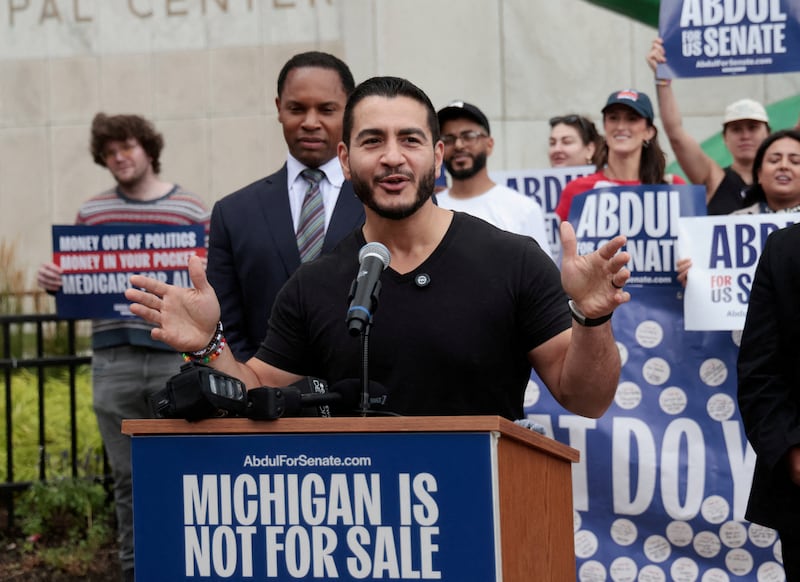 U.S. Democratic Senate candidate Abdul El-Sayed speaks to supporters and the media during a campaign rally in Detroit, Michigan, U.S., August 2, 2026.  REUTERS/Rebecca Cook/File Photo