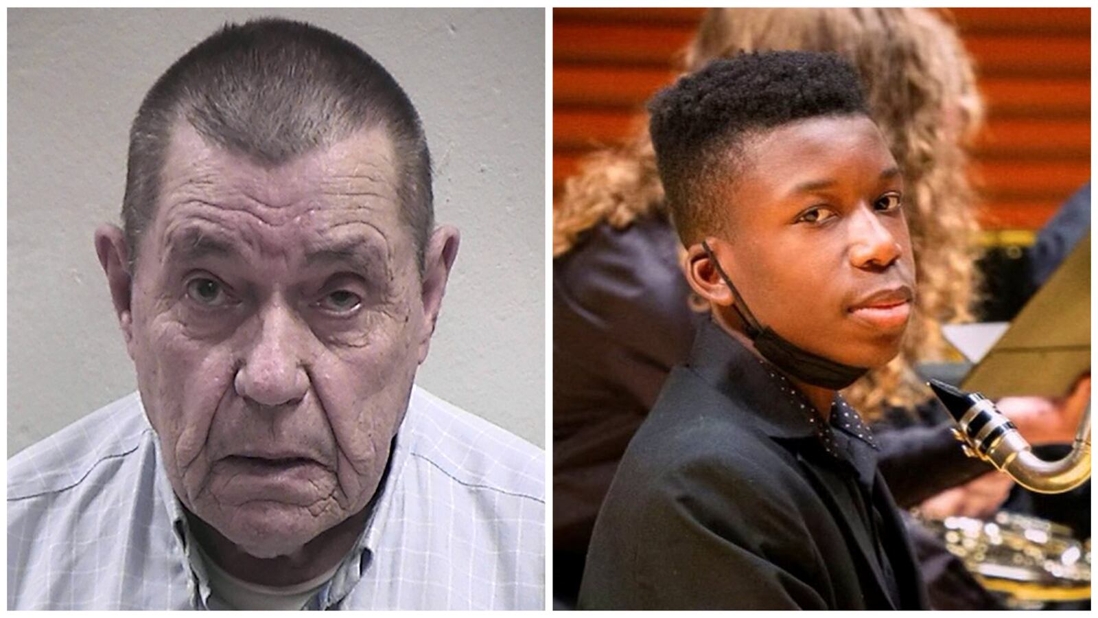 A side-by-side composite of Andrew Lester’s mugshot and a picture of Ralph Yarl holding a clarinet