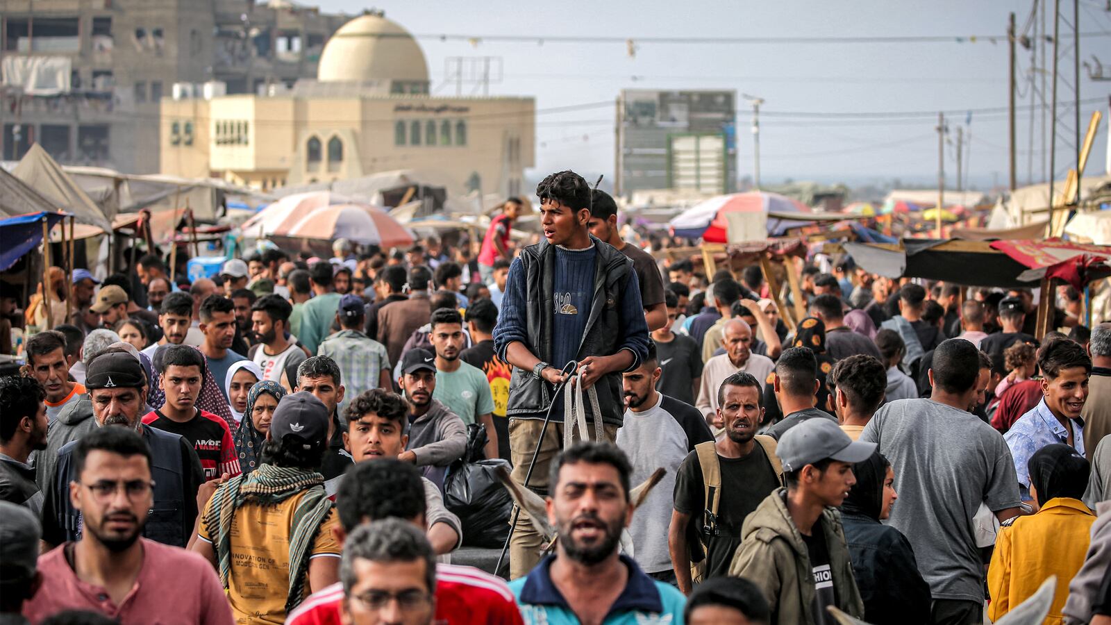 A youth drives a donkey-drawn cart along a busy road at a camp housing displaced Palestinians in Rafah in the southern Gaza Strip on April 30, 2024, amid the ongoing conflict in the Palestinian territory between Israel and the militant group Hamas.