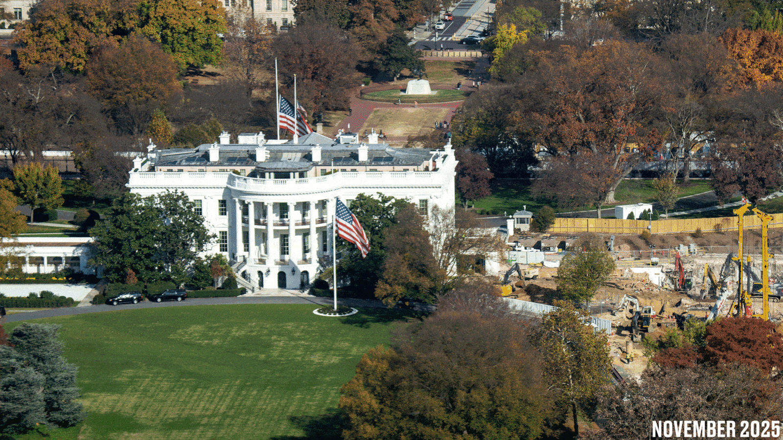 Image fading back and forth between a photograph of the White House in March 2023 and in November 2025 after Donald Trump tore down the East Wing