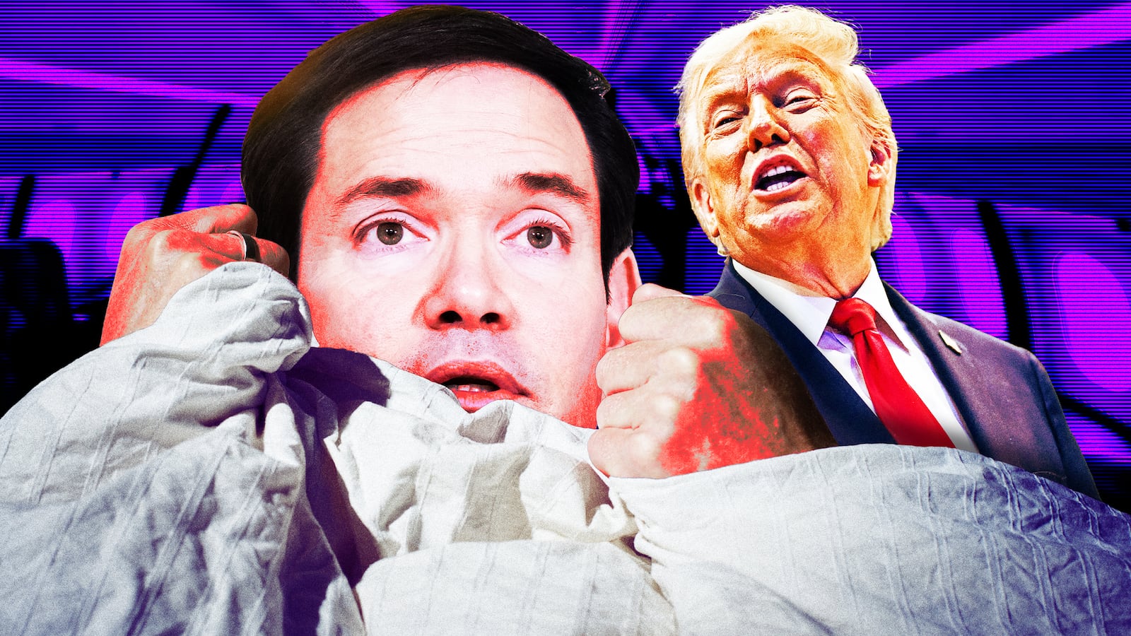 A photo illustration of Marco Rubio hiding from Donald Trump.