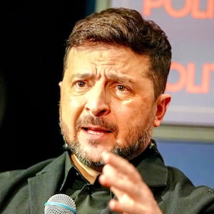 Volodymyr Zelensky, President of Ukraine, talks to a journalist at the 62nd Munich Security Conference (MSC) at Politico.