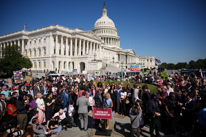 A bipartisan group of lawmakers hold a news conference with alleged victims of disgraced financier and sex trafficker Jeffrey Epstein outside the U.S. Capitol on September 03, 2025 in Washington, DC as Rep. Thomas Massie and Rep. Ro Khanna push to force a vote on the Epstein List Transparency Act to release all files on Epstein and his associate, Ghislaine Maxwell.