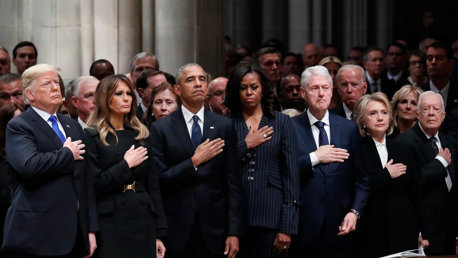 From left, President Donald Trump, first lady Melania Trump, former President Barack Obama, former first lady Michelle Obama, former President Bill Clinton, former Secretary of State Hillary Clinton, and former President Jimmy Carter and former first lady Rosalynn Carter attend the state funeral of former U.S. President George H. W. Bush at the Washington National Cathedral on December 5, 2018 in Washington, DC.
