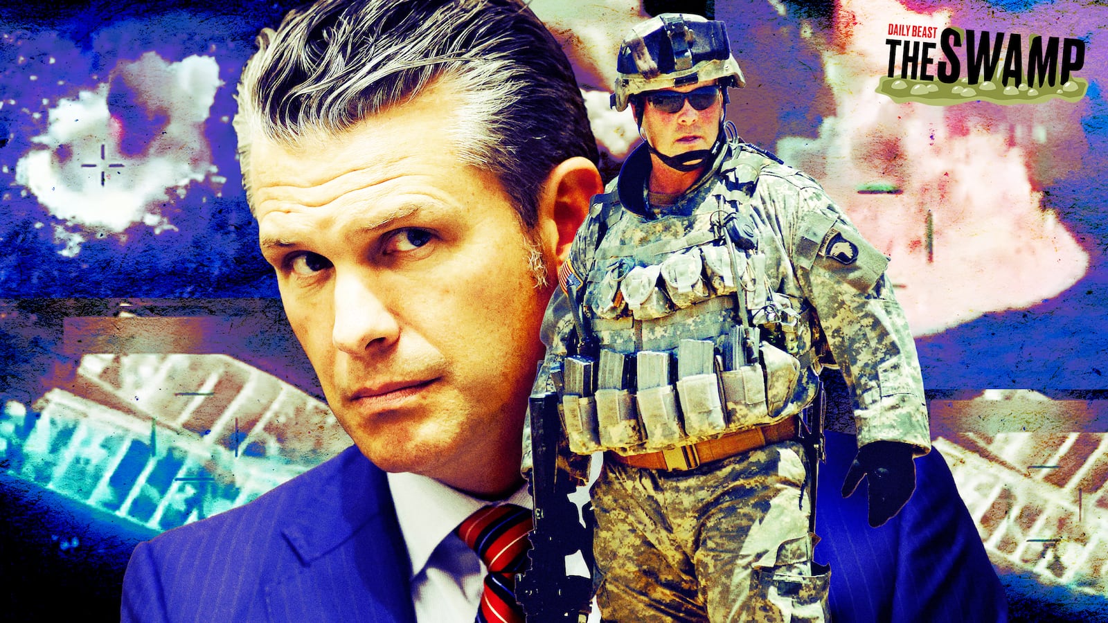 A photo illustration of Pete Hegseth, Col. Michael Steele in Iraq in 2006, and screen grabs from US boat strikes off the coast of Venezuela.