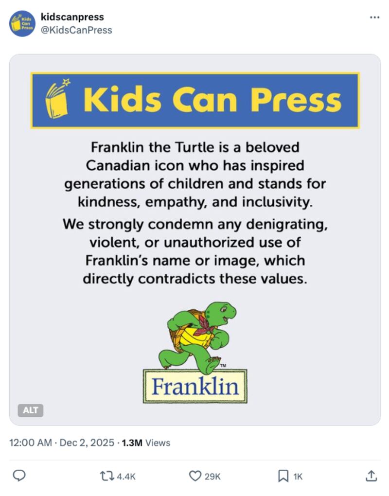 Statement from Kids Can Press on Franklin the Turtle.