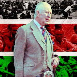 A photo illustration of King Charles and images from the Mau Mau Rebellion in Kenya.