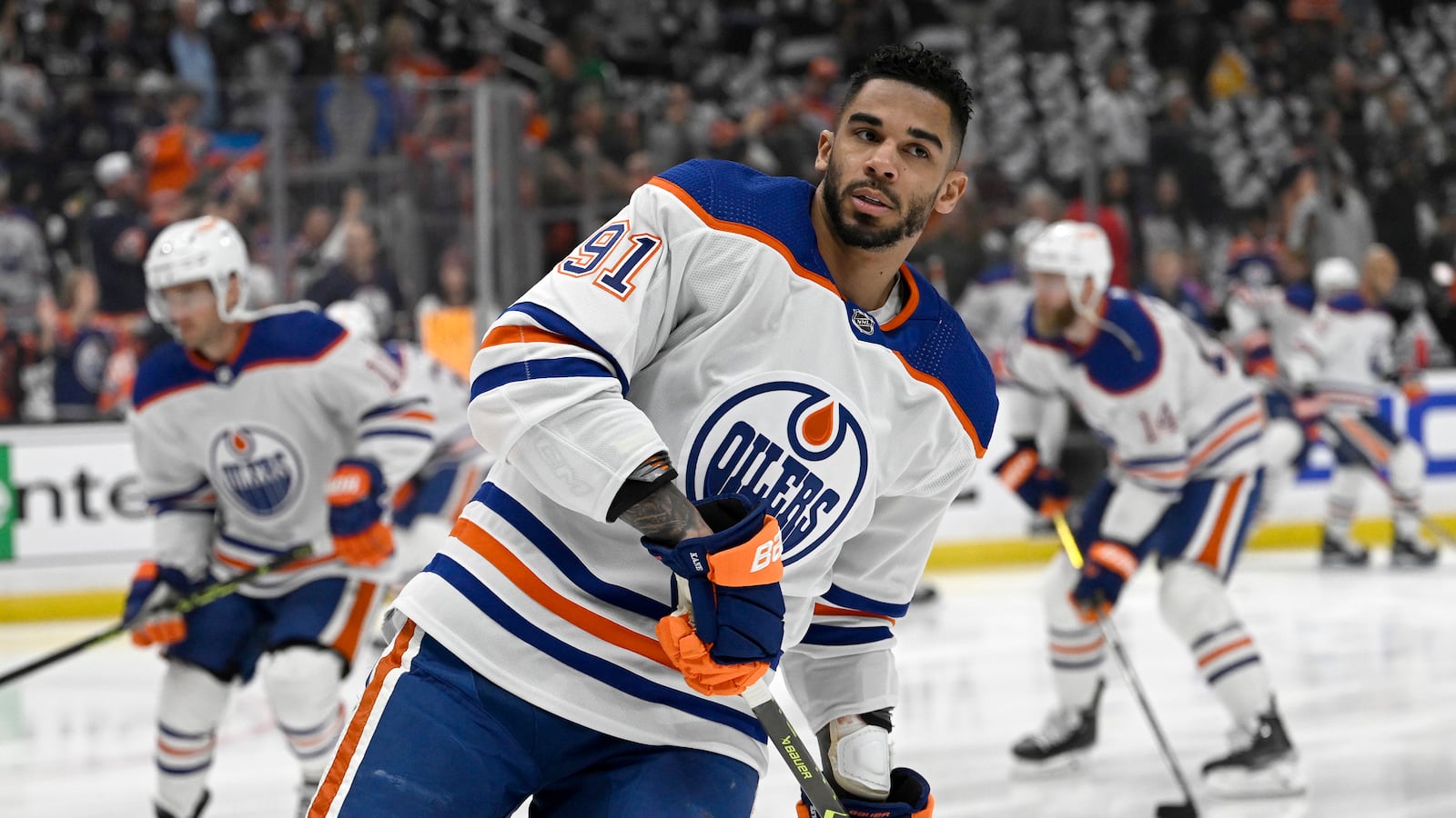 Edmonton Oilers left wing Evander Kane (91) warms up prior to game three of the first round of the 2023 Stanley Cup Playoffs.