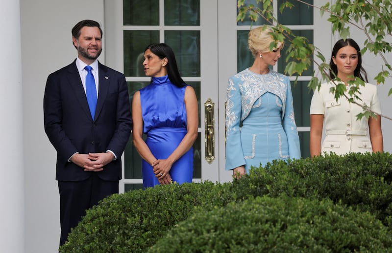 US Vice President JD Vance, his wife Usha Vance, Ivanka Trump and Arabella Rose Kushner stand together as US President Donald Trump and Chinese President Xi Jinping (both not pictured) watch a military demonstration at White House in Washington, D.C., US, September 24, 2026. REUTERS/Jonathan Ernst