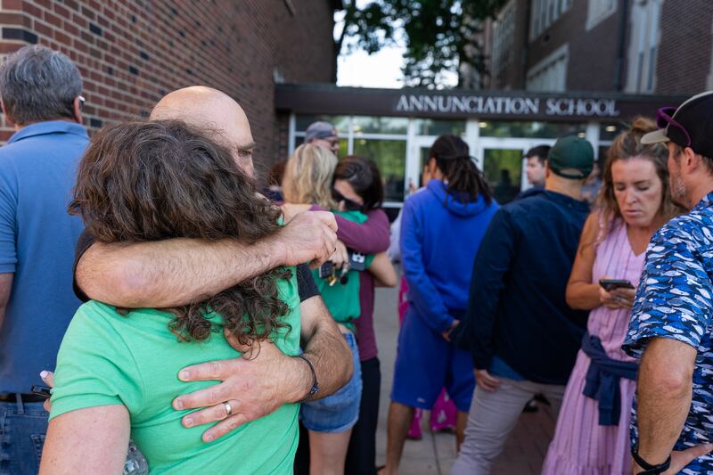 Parents await news during an active shooter situation at the Annunciation Church in Minneapolis, Minn., on Wednesday, Aug. 27, 2025.] (Photo by RICHARD TSONG-TAATARII/The Star Tribune via Getty Images)