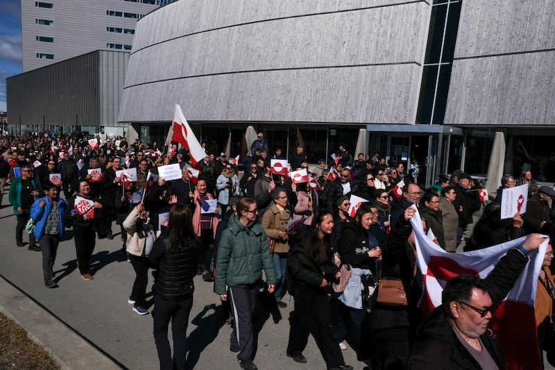 People gather to protest on the day of the opening of a new U.S. consulate in Nuuk, Greenland, May 21, 2026. REUTERS/Tim Barsoe