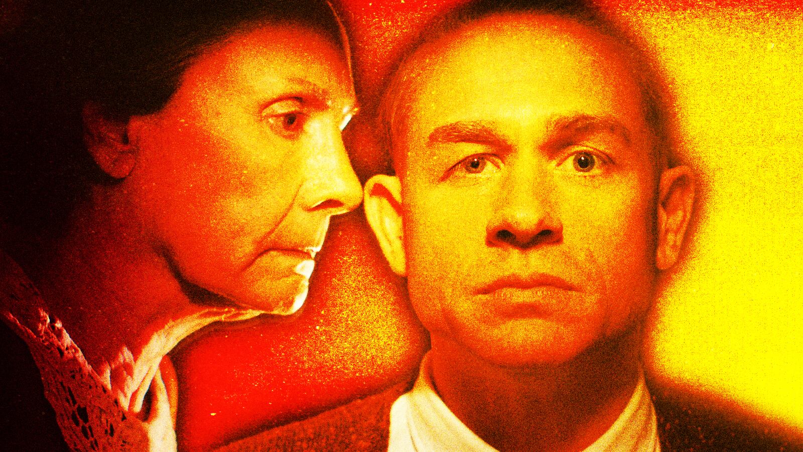 A photo illustration of Laurie Metcalf as Augusta Gein, Charlie Hunnam as Ed Gein.