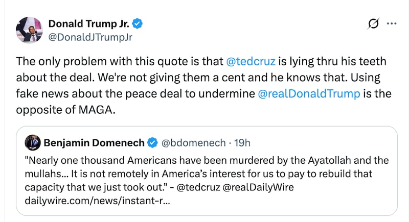 Donald Trump Jr. defends his dad's Iran deal from Sen. Ted Cruz.