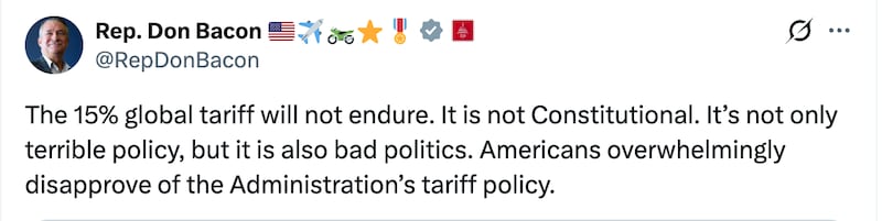 GOP Rep. Don Bacon rips into Trump's 15 percent global tariffs.