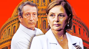 A photo illo illustration of Mark Sanford and Sen. Darline Graham in front of the Capitol building.