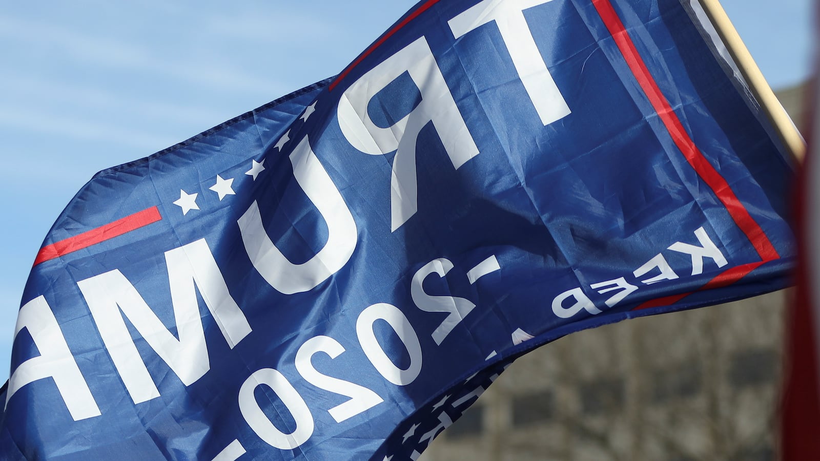 A child in Lansing, Michigan waves a flag during a "Stop the Steal" protest after the 2020 presidential election.