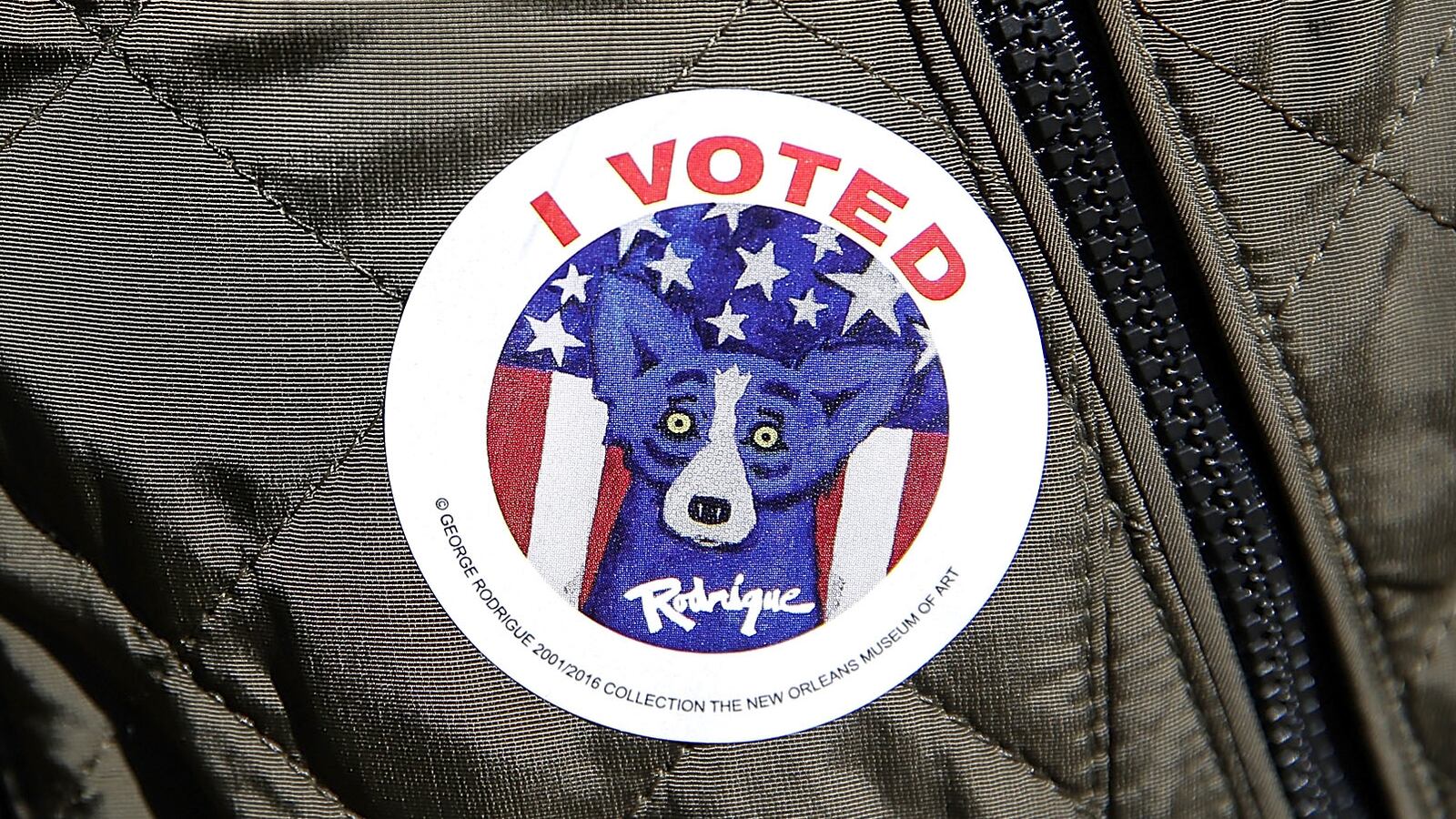 An \"I Voted\" sticker featuring local Louisiana artist George Rodrigue's Blue Dog