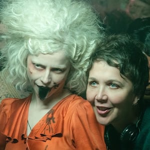 (L-R) Jessie Buckley and director Maggie Gyllenhaal on the set of The Bride!