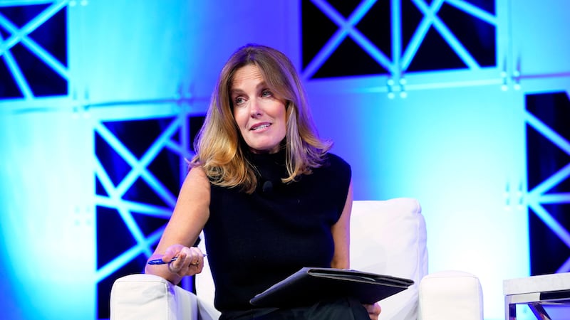Sharyn Alfonsi, Correspondent, 60 Minutes reacts in conversation with José Andrés, Chef, Humanitarian & Founder, World Central Kitchen during 2022 Texas Conference For Women at Austin Convention Center on November 09, 2022 in Austin, Texas.
