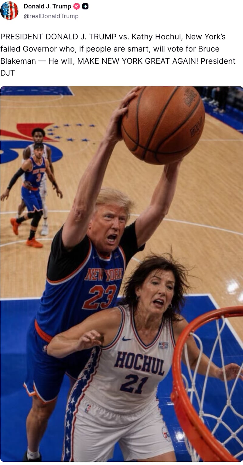 Among the president’s bizarre posts on Saturday afternoon was an AI-generated image of him literally dunking on Democratic New York Gov. Kathy Hochul.