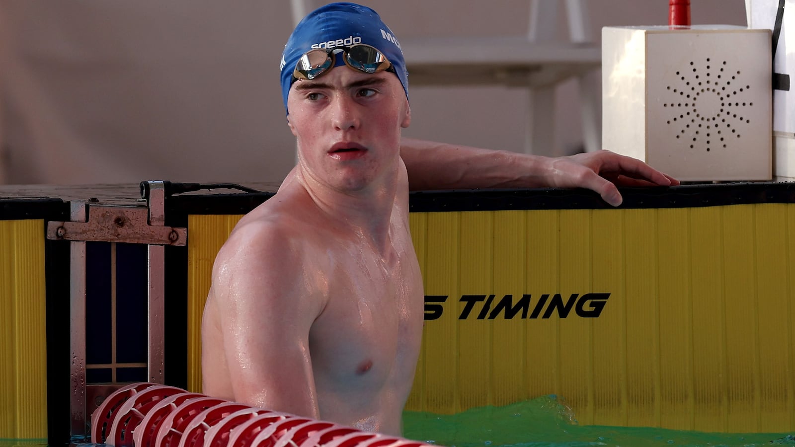 Sean McCann of Scotland looks on prior to competing in the Men's 400m Freestyle Final on day four of the 2023 Youth Commonwealth Games.