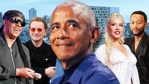 Stevie Wonder, Bono, Barack Obama, Christina Aguilera, and John Legend in front of the Barack Obama Presidential Center.