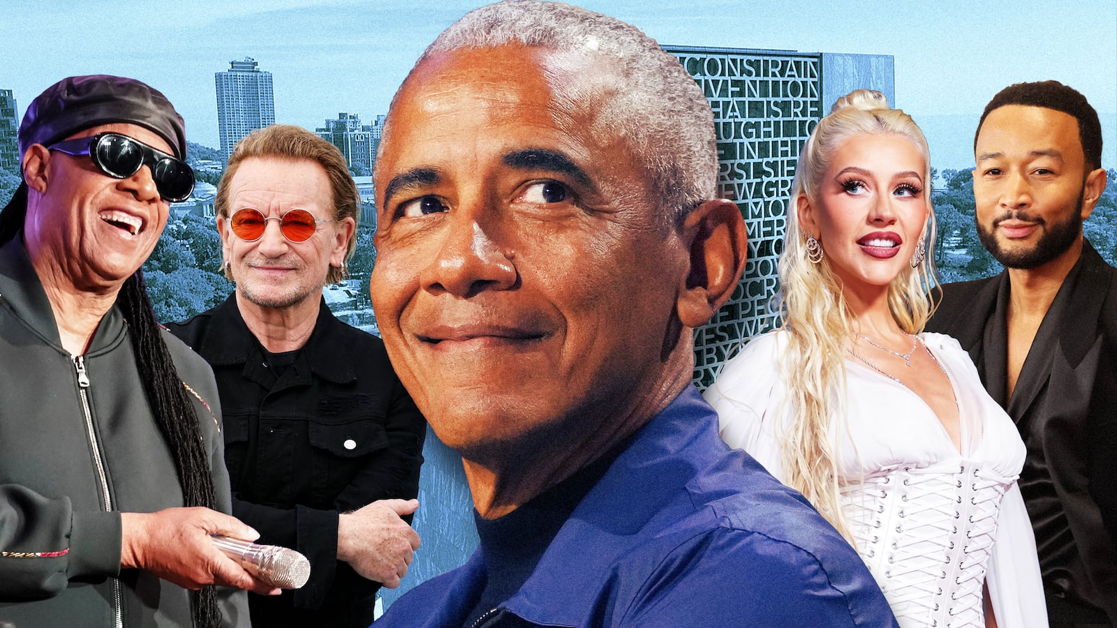 Stevie Wonder, Bono, Barack Obama, Christina Aguilera, and John Legend in front of the Barack Obama Presidential Center.