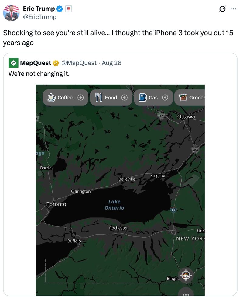 Eric Trump slams MapQuest on X.