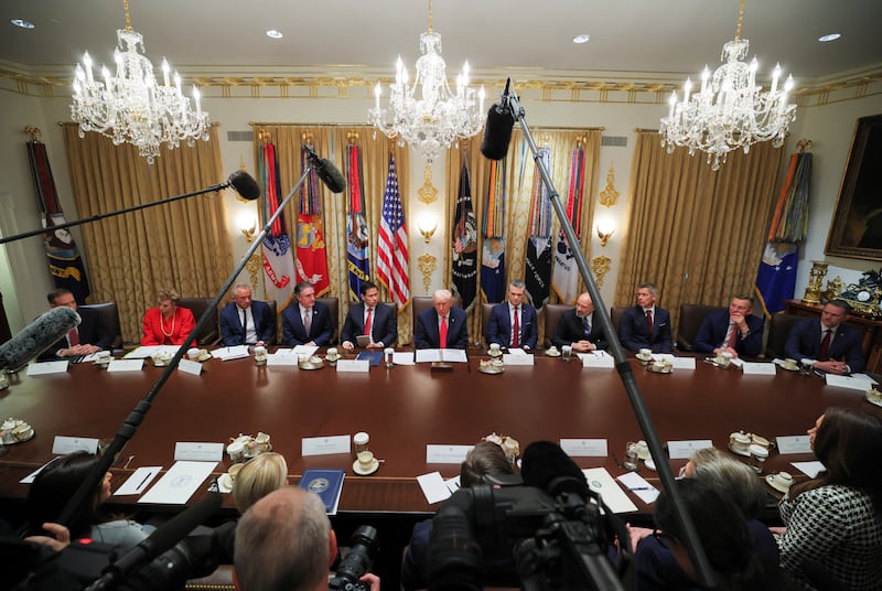 U.S. President Donald Trump attends a cabinet meeting with U.S. Secretary of Defense Pete Hegseth, U.S. Secretary of State Marco Rubio, U.S. Health and Human Services Secretary Robert F. Kennedy Jr., U.S. Interior Secretary Doug Burgum and U.S. Commerce Secretary Howard Lutnick, at the White House in Washington, D.C., U.S., December 2, 2025.